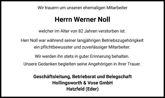 Todesanzeige von Werner Noll von HNA