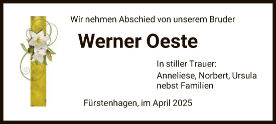 Todesanzeige von Werner Oeste von HNA