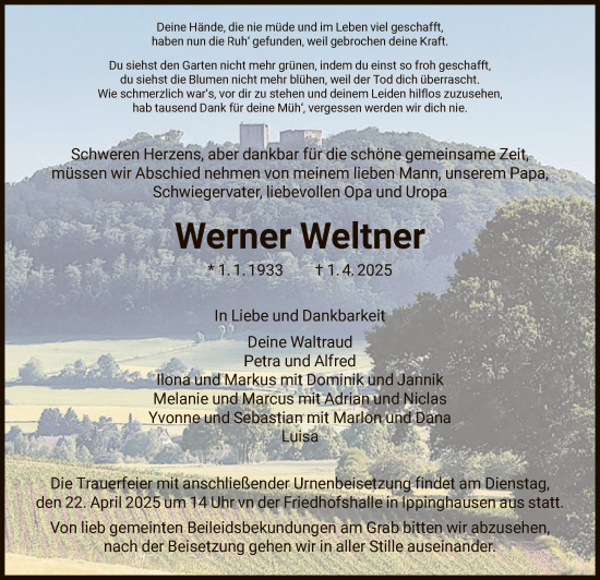 Todesanzeige von Werner Weltner von HNA