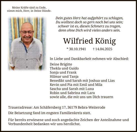Todesanzeige von Wilfried König von HNA