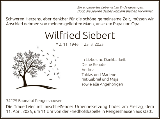 Todesanzeige von Wilfried Siebert von HNA