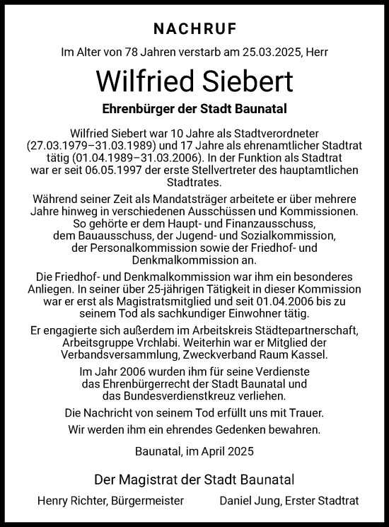 Todesanzeige von Wilfried Siebert von HNA