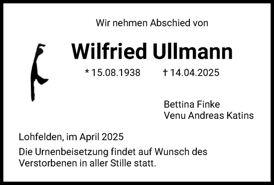 Todesanzeige von Wilfried Ullmann von HNA