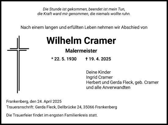 Todesanzeige von Wilhelm Cramer von HNA