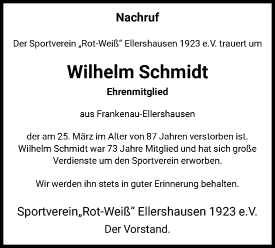 Todesanzeige von Wilhelm Schmidt von HNA