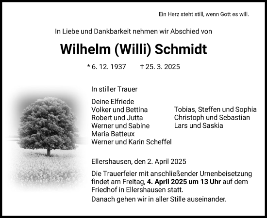 Todesanzeige von Wilhelm Schmidt von HNA
