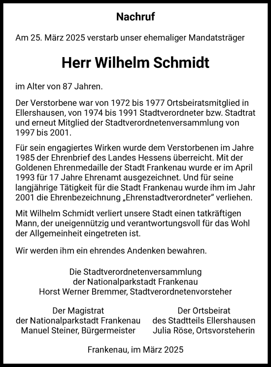 Todesanzeige von Wilhelm Schmidt von HNA