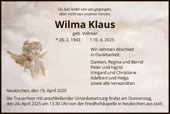 Todesanzeige von Wilma Klaus von HNA