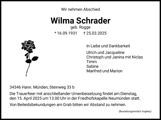 Todesanzeige von Wilma Schrader von HNA
