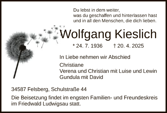 Todesanzeige von Wolfgang Kieslich von HNAHNA