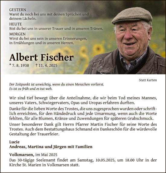 Todesanzeige von Albert Fischer von WLZHNA