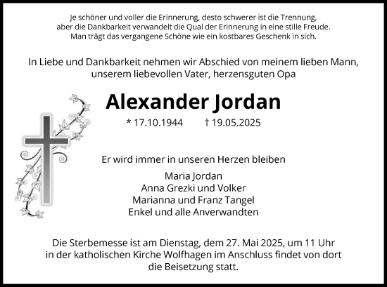 Todesanzeige von Alexander Jordan von HNA