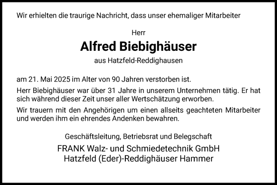 Todesanzeige von Alfred Biebighäuser von HNA
