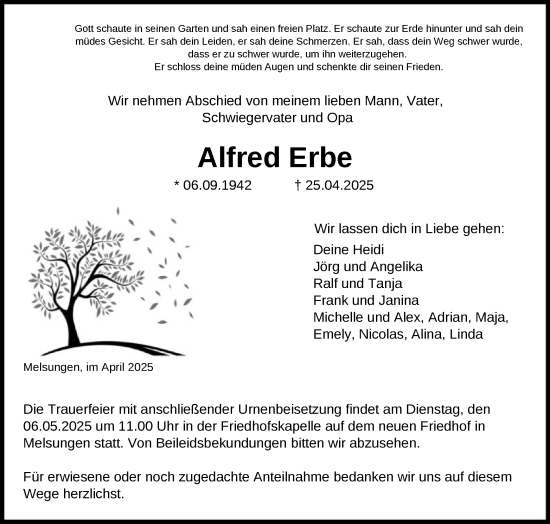 Todesanzeige von Alfred Erbe von HNA