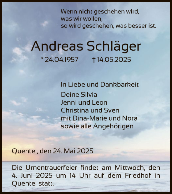 Todesanzeige von Andreas Schläger von HNA