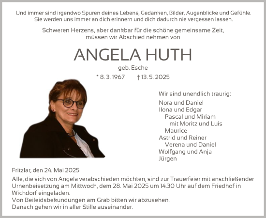Todesanzeige von Angela Huth von HNA