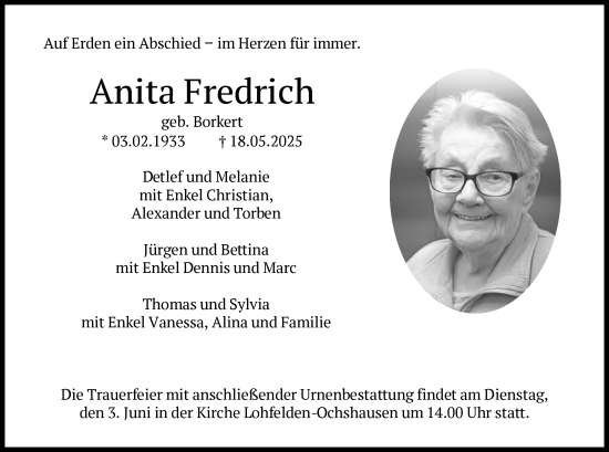 Todesanzeige von Anita Fredrich von HNA