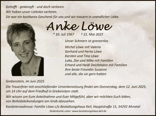 Todesanzeige von Anke Löwe von HNAHNA