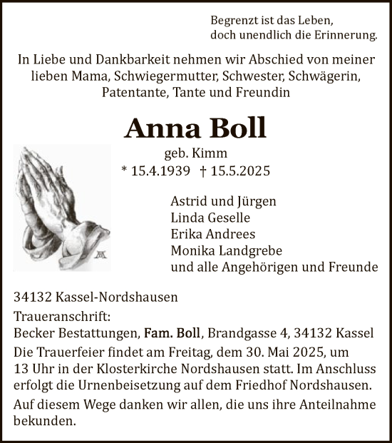 Todesanzeige von Anna Boll von HNA