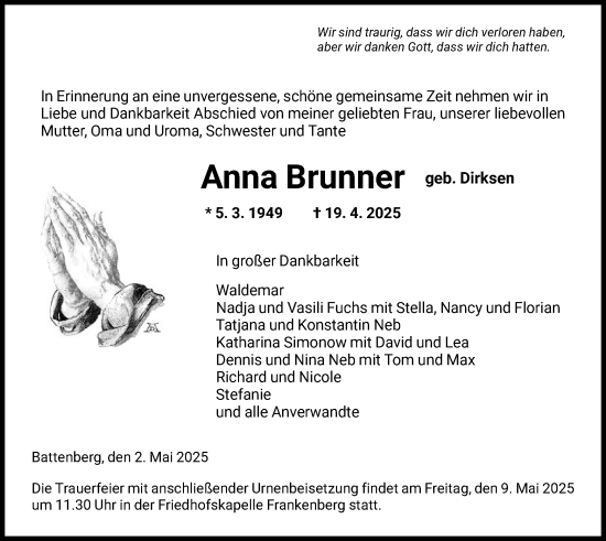 Todesanzeige von Anna Brunner von HNA