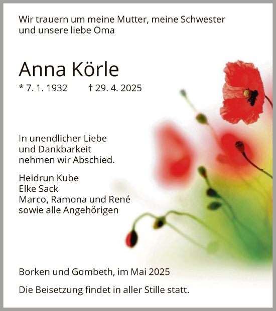 Todesanzeige von Anna Körle von HNA
