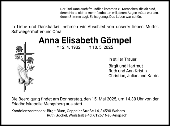 Todesanzeige von Anna Elisabeth Gömpel von HNA