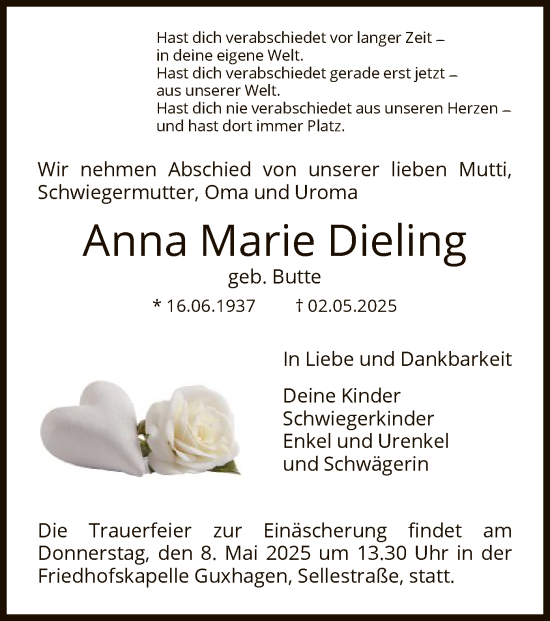 Todesanzeige von Anna Marie Dieling von HNA