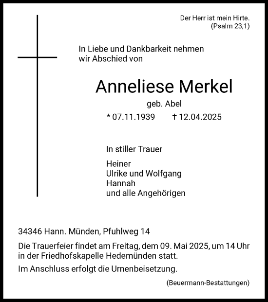 Todesanzeige von Anneliese Merkel von HNA