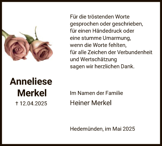 Todesanzeige von Anneliese Merkel von HNA