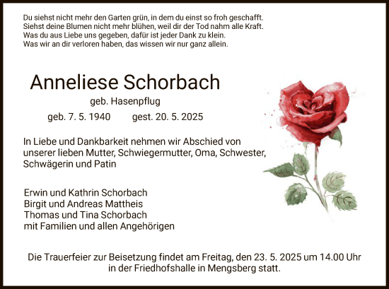 Todesanzeige von Anneliese Schorbach von HNA