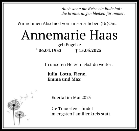 Todesanzeige von Annemarie Haas von HNA