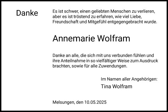 Todesanzeige von Annemarie Wolfram von HNA