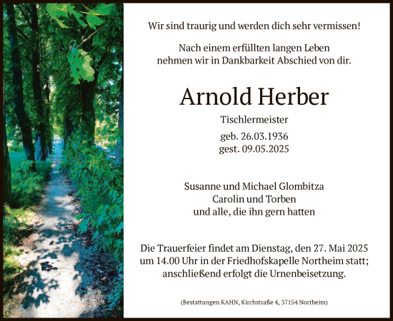 Todesanzeige von Arnold Herber von HNA