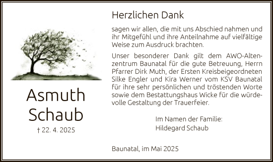 Todesanzeige von Asmuth Schaub von HNA