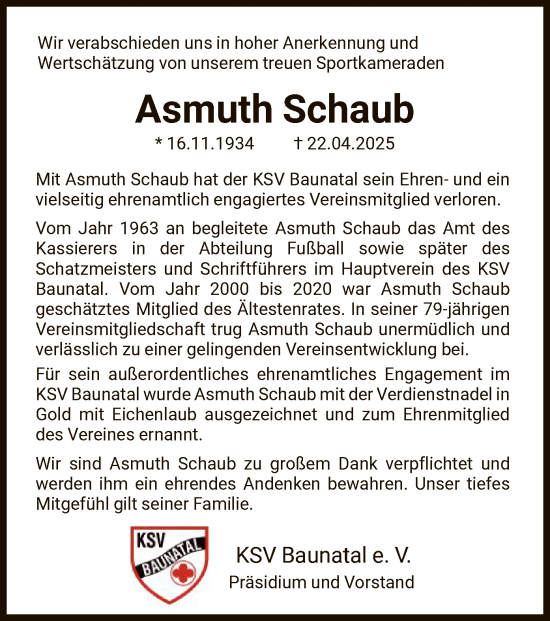 Todesanzeige von Asmuth Schaub von HNA