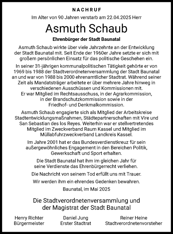 Todesanzeige von Asmuth Schaub von HNA