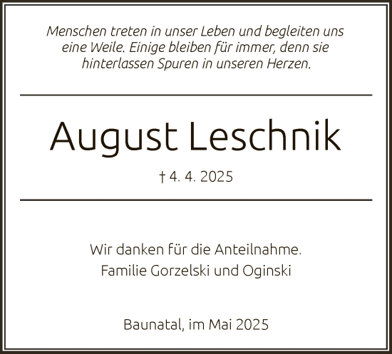 Todesanzeige von August Leschnik von HNA