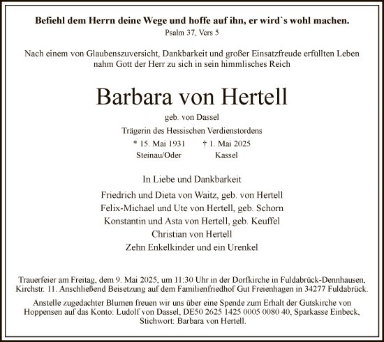 Todesanzeige von Barbara von Hertell von HNA