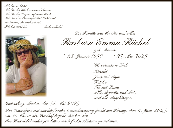 Todesanzeige von Barbara Emma Büchel von HNA