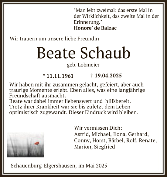 Todesanzeige von Beate Schaub von HNA