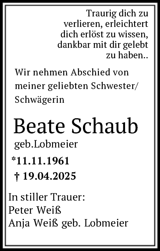 Todesanzeige von Beate Schaub von HNA
