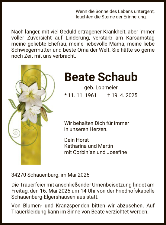 Todesanzeige von Beate Schaub von HNA