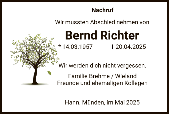 Todesanzeige von Bernd Richter von HNA