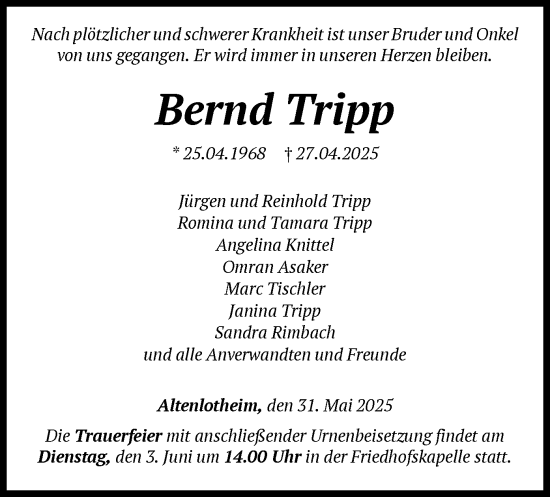 Todesanzeige von Bernd Tripp von HNA