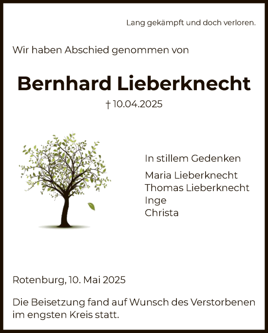 Todesanzeige von Bernhard Lieberknecht von HNA