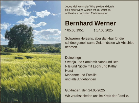 Todesanzeige von Bernhard Werner von HNA