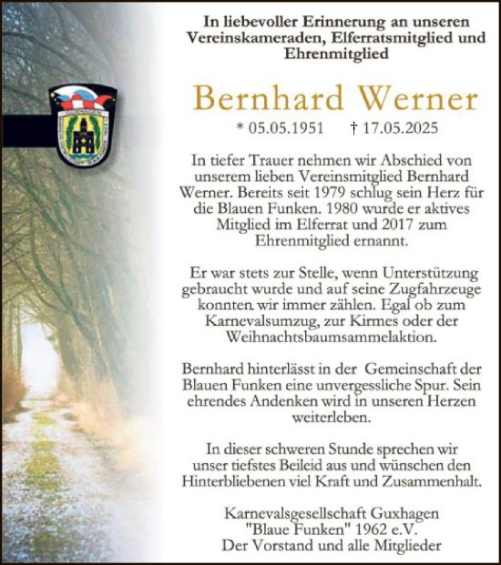 Todesanzeige von Bernhard Werner von HNA