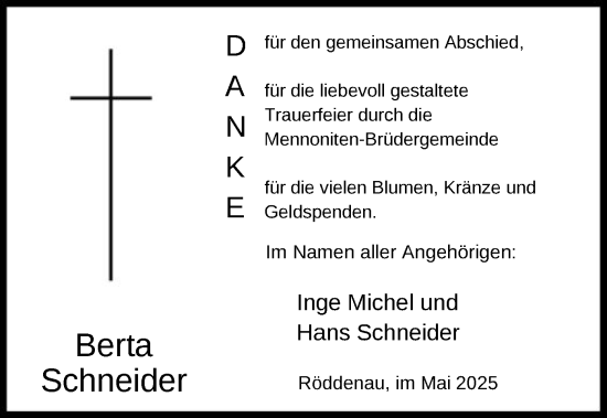 Todesanzeige von Berta Schneider von HNA