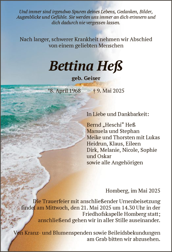 Todesanzeige von Bettina Heß von HNA
