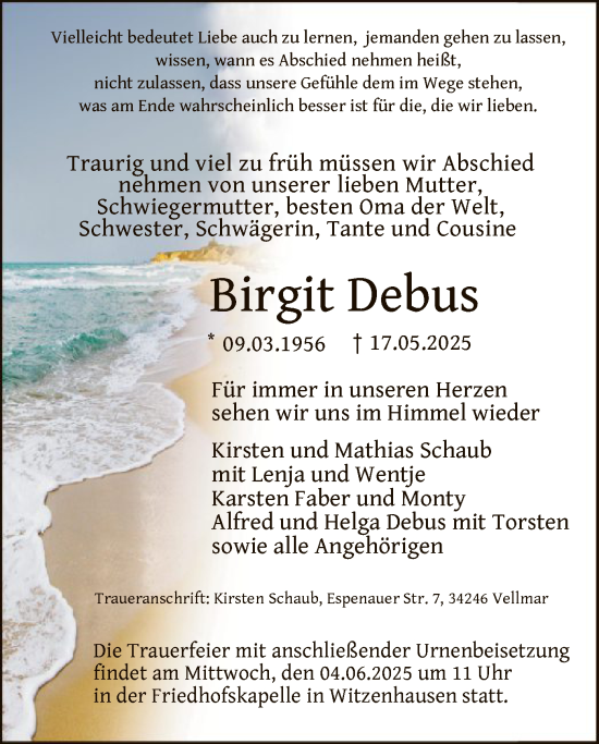 Todesanzeige von Birgit Debus von HNA